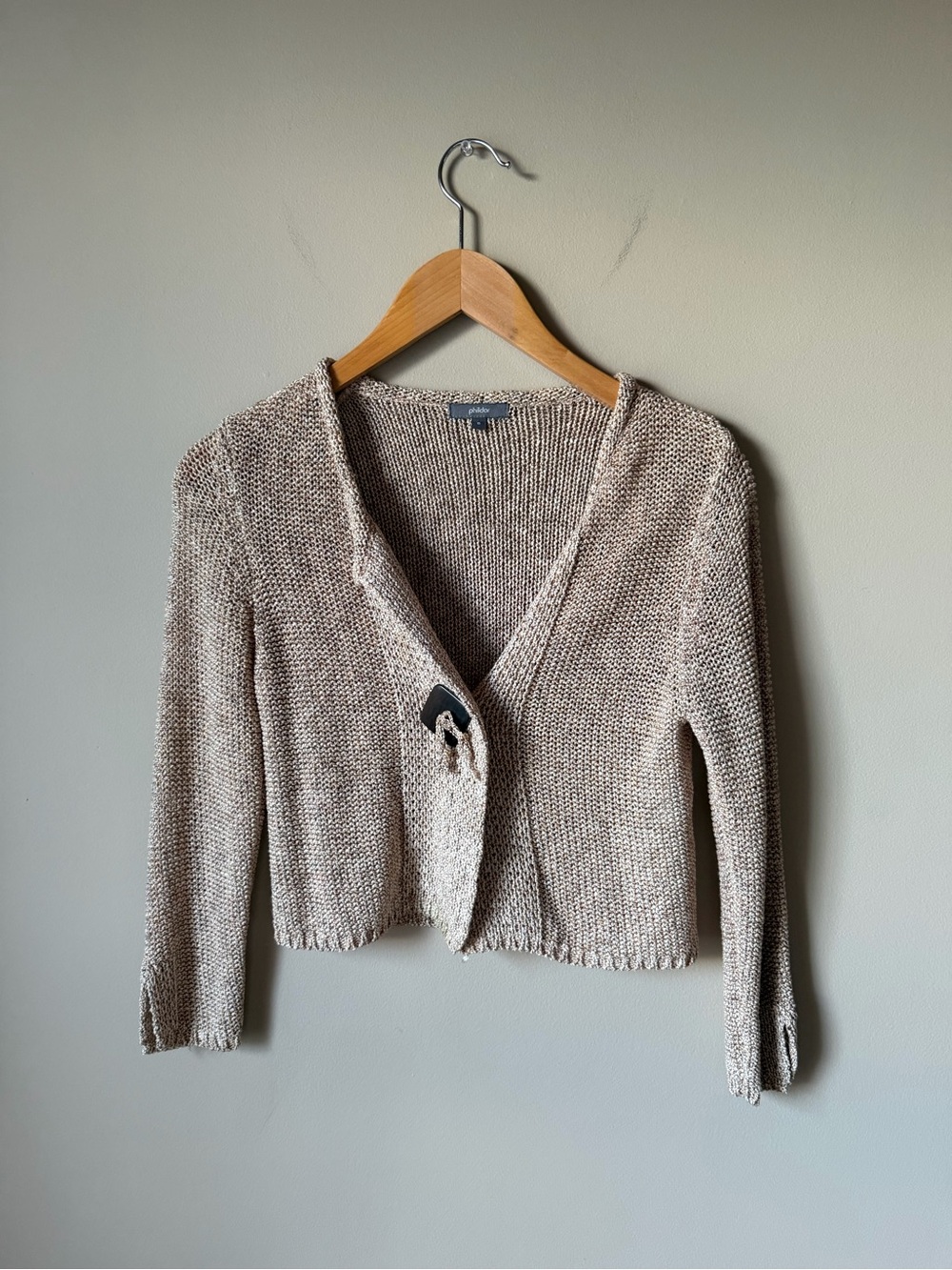 Phildar Knit Cardigan Sweater Size S Beige One Button Front Cropped French Boho